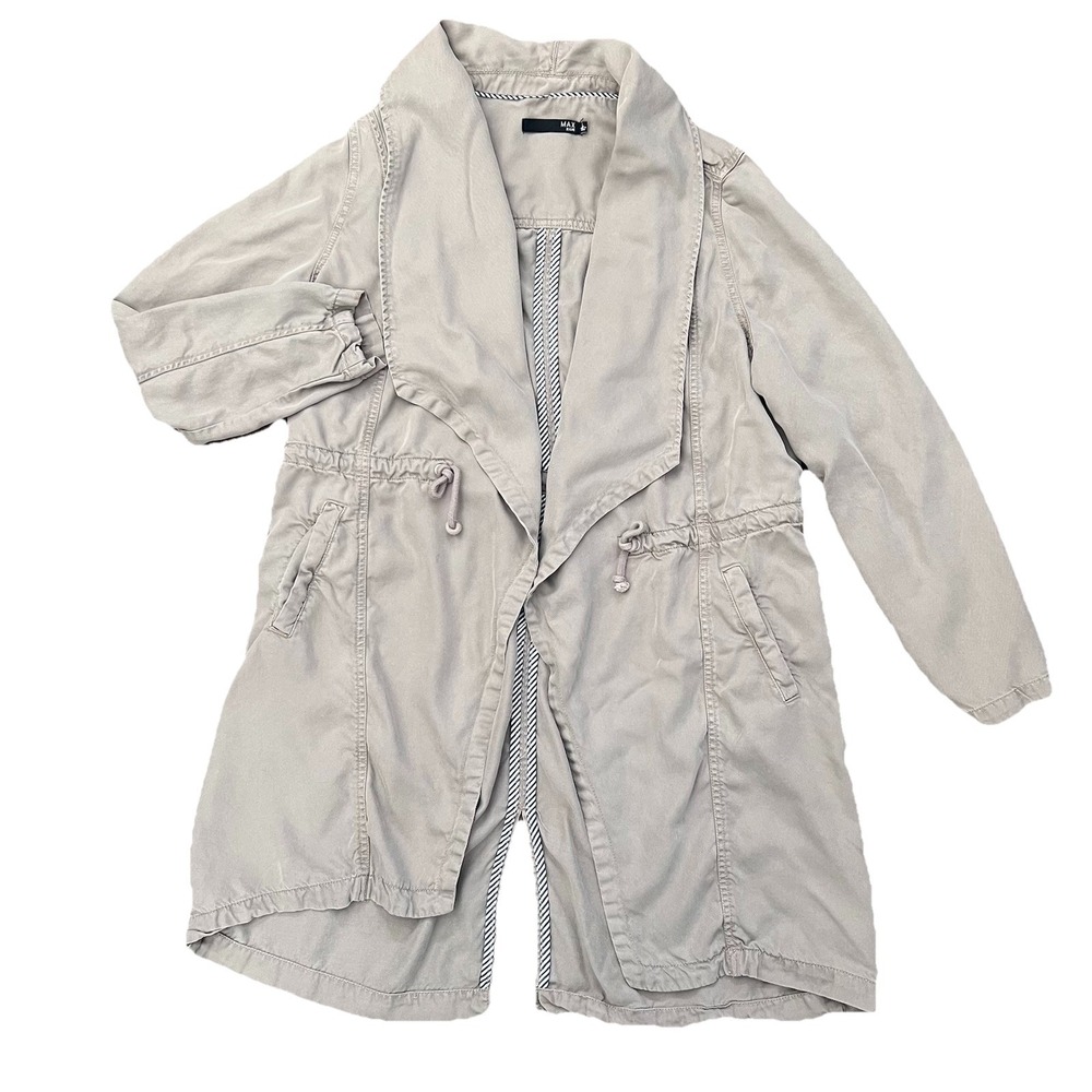 Max Jeans Light Gray Open Front Drape Trench Jacket Utility 100% Tencel Womens L